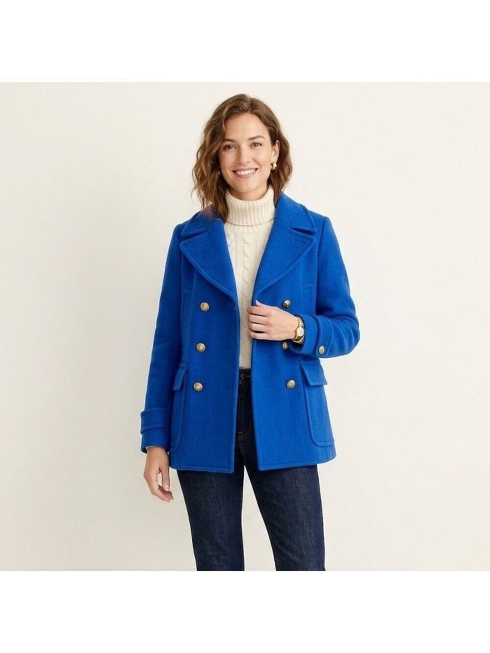 *J.Crew Cobalt Blue Majesty Stadium Cloth Peacoat Wool Coat Gold Buttons Sz 4